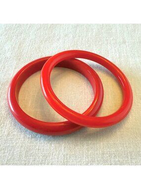 Solid Red Lucite Bangle Bracelets Pair Vintage Style Stackable 3 Inch